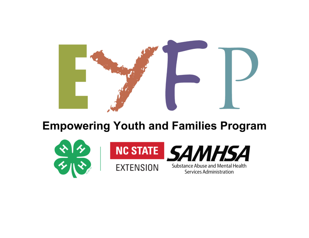 Empowering Youth and Families Logo with colorful letters, 4H logo, NC State Extension logo, and SAMHSA logo