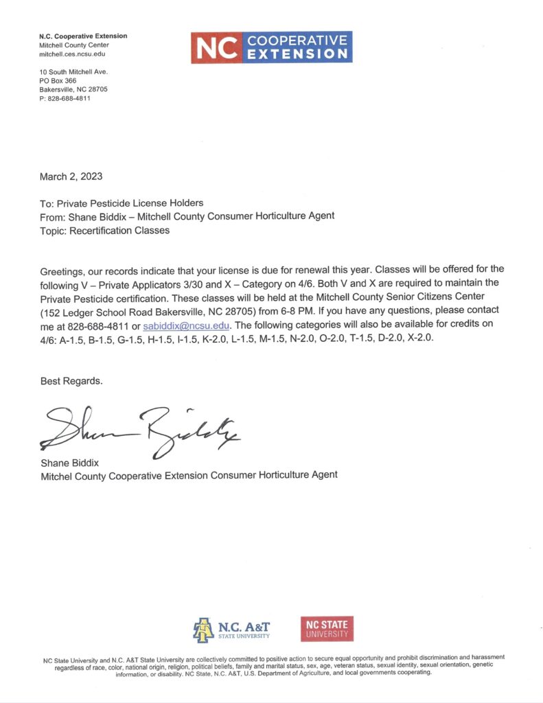 An example of a letter regarding recertification for Private Pesticide License Holders